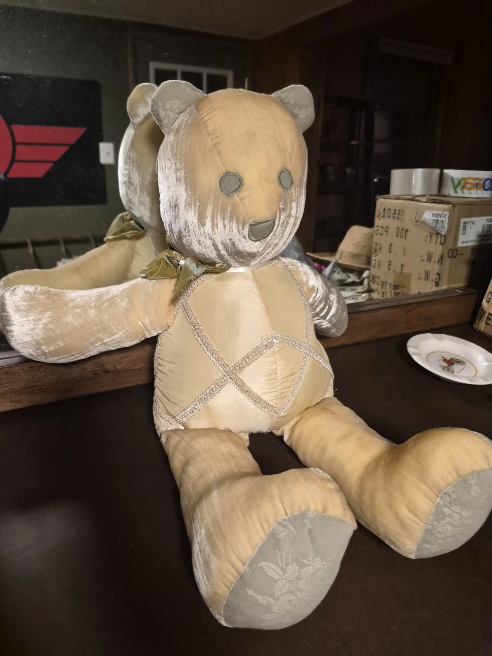 Vintage Green Frog Art Co. 22-Inch Golden Crushed Velvet & Satin Teddy Bear